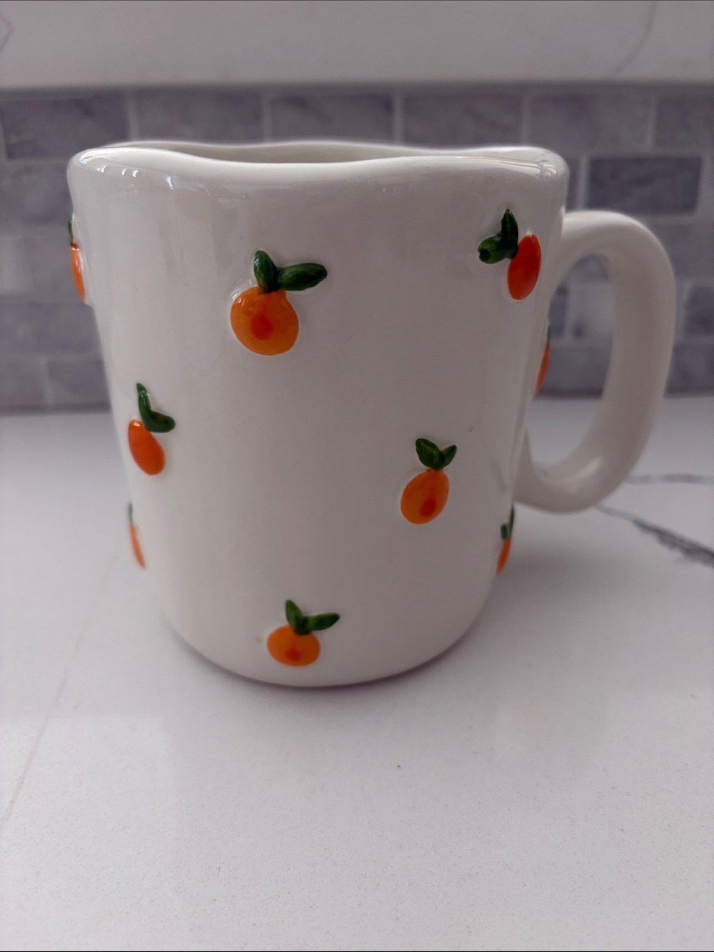 Sunday Morning Ceramic White Mug with Orange Fruit Dots